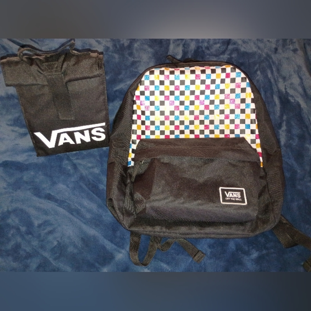 Vans Backpack w/ Colorful Sparkly Checkered Pattern & Matching Lunch Bag